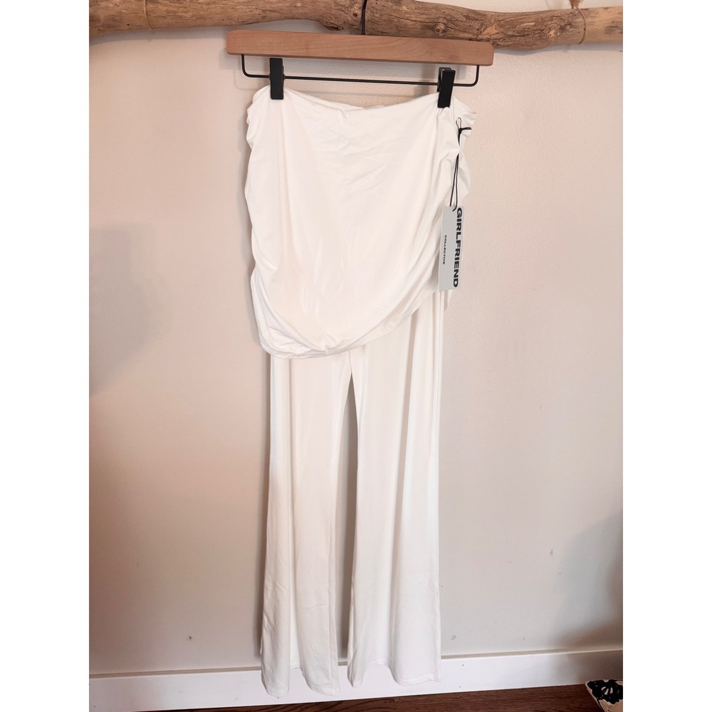Girlfriend Collective White Ruched Tube Top & Wide Leg Pants Two-Piece Set NEW